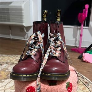 Dr. Martens Red Boots with Floral Laces Preowned